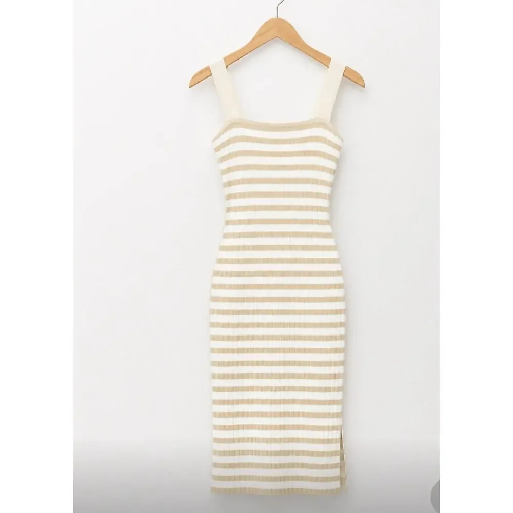 Merokeety White Tan Striped Knit Dress XS New - Picture 5 of 5